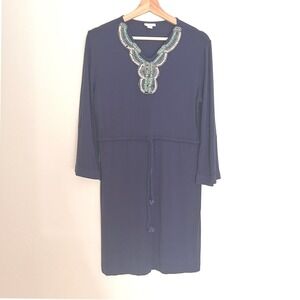 Cabana Life Navy Blue Beaded Neckline Dress Small Boho Beachy Coverup Vacation